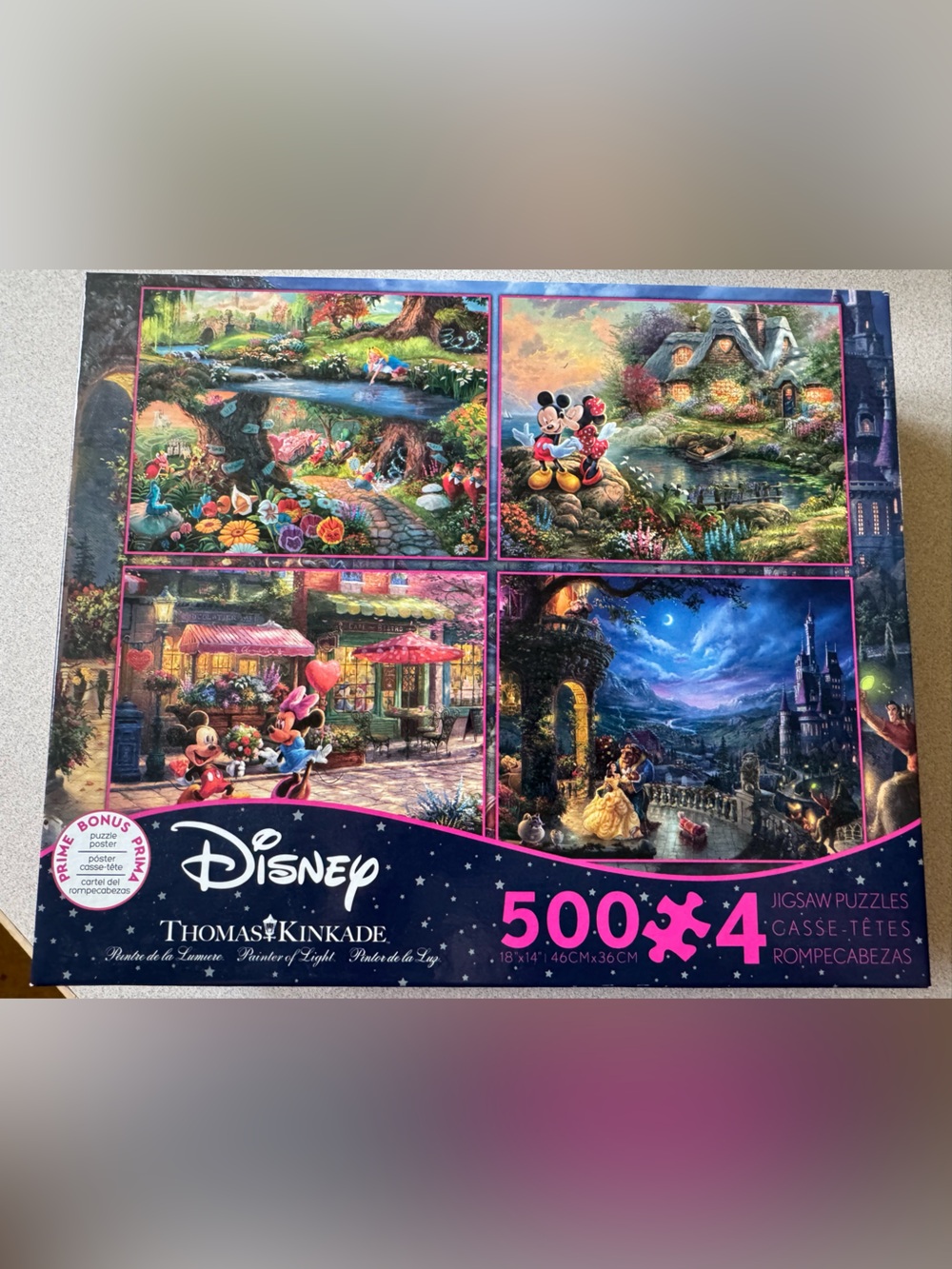 THOMAS KINKADE Disney 4-in-1 Set of 500 pieces EACH with Puzzle POSTER